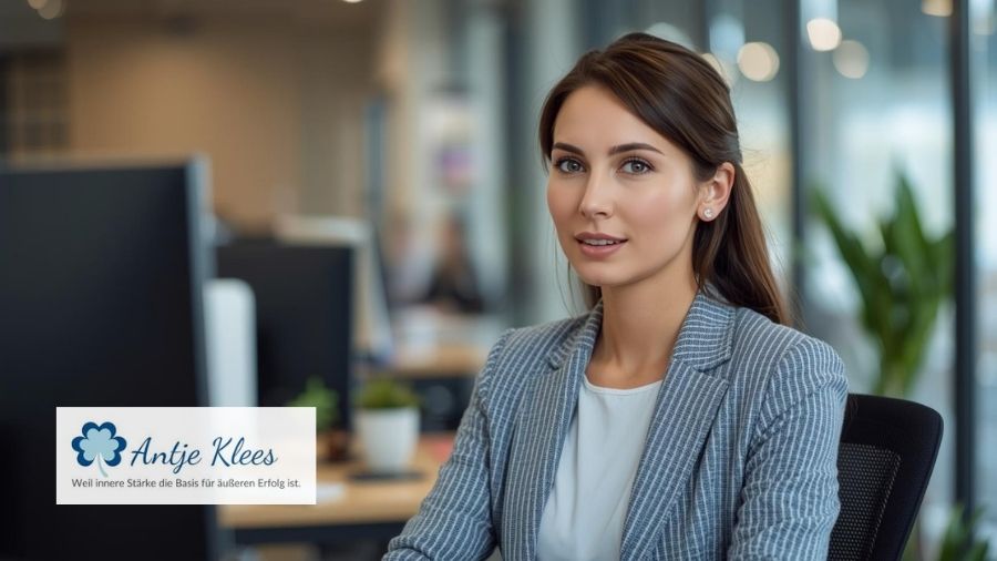 Mitarbeitende sitz im Büro am Schreibtisch und schaut unsicher