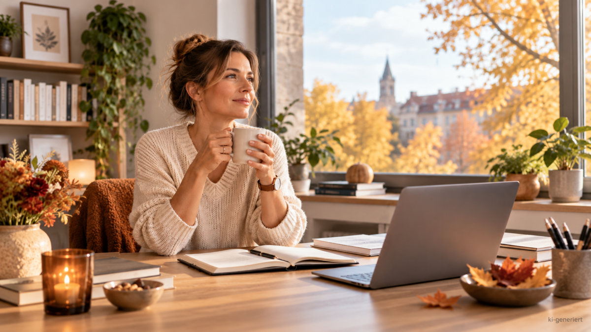 Frau macht eine kurze Pause an ihrem Schreibtisch im Büro